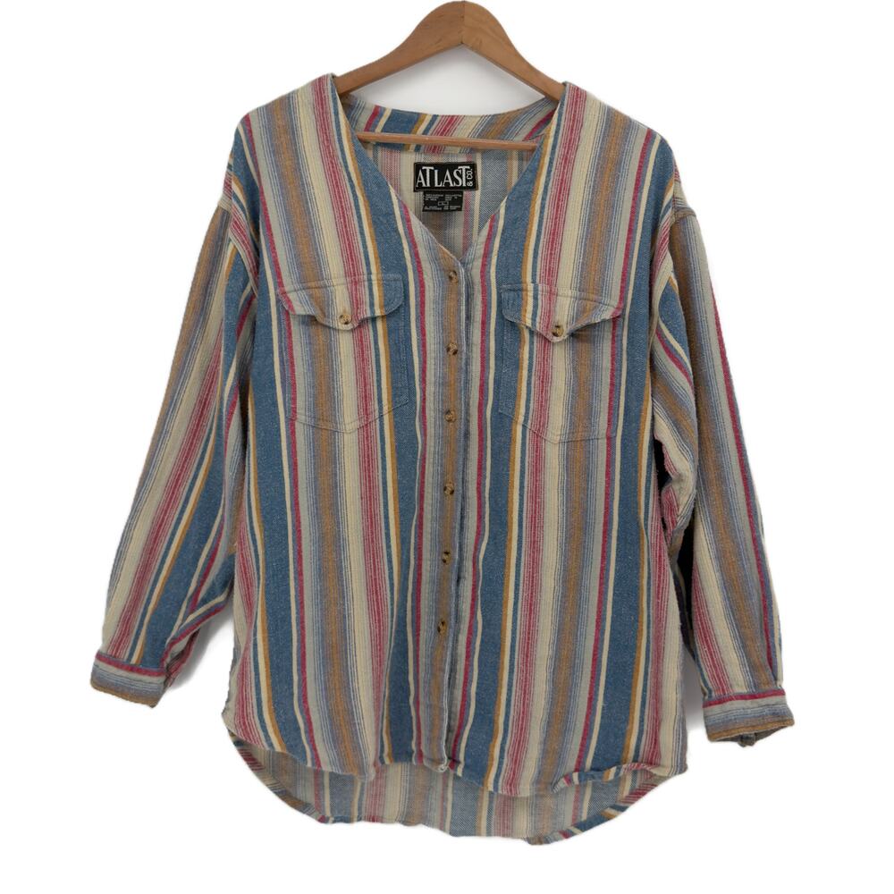 Vtg At Last & Co Striped Brushed Cotton V-Neck Button Front Shirt Large
